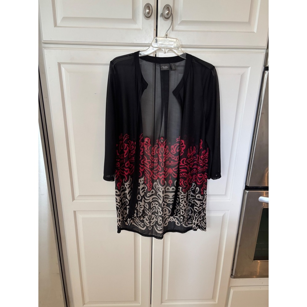Chicos Travelers Collection Sheer Mesh Open Front Cardigan Red Black Damask Sz M